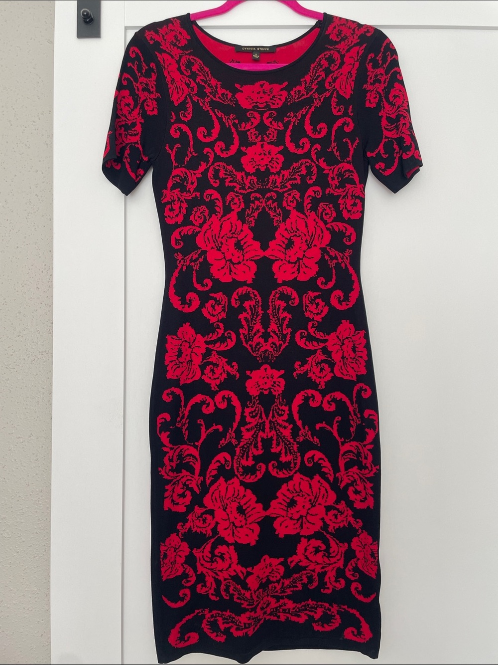 Cynthia Steffe Black Dress with Bold Red Floral Jacquard